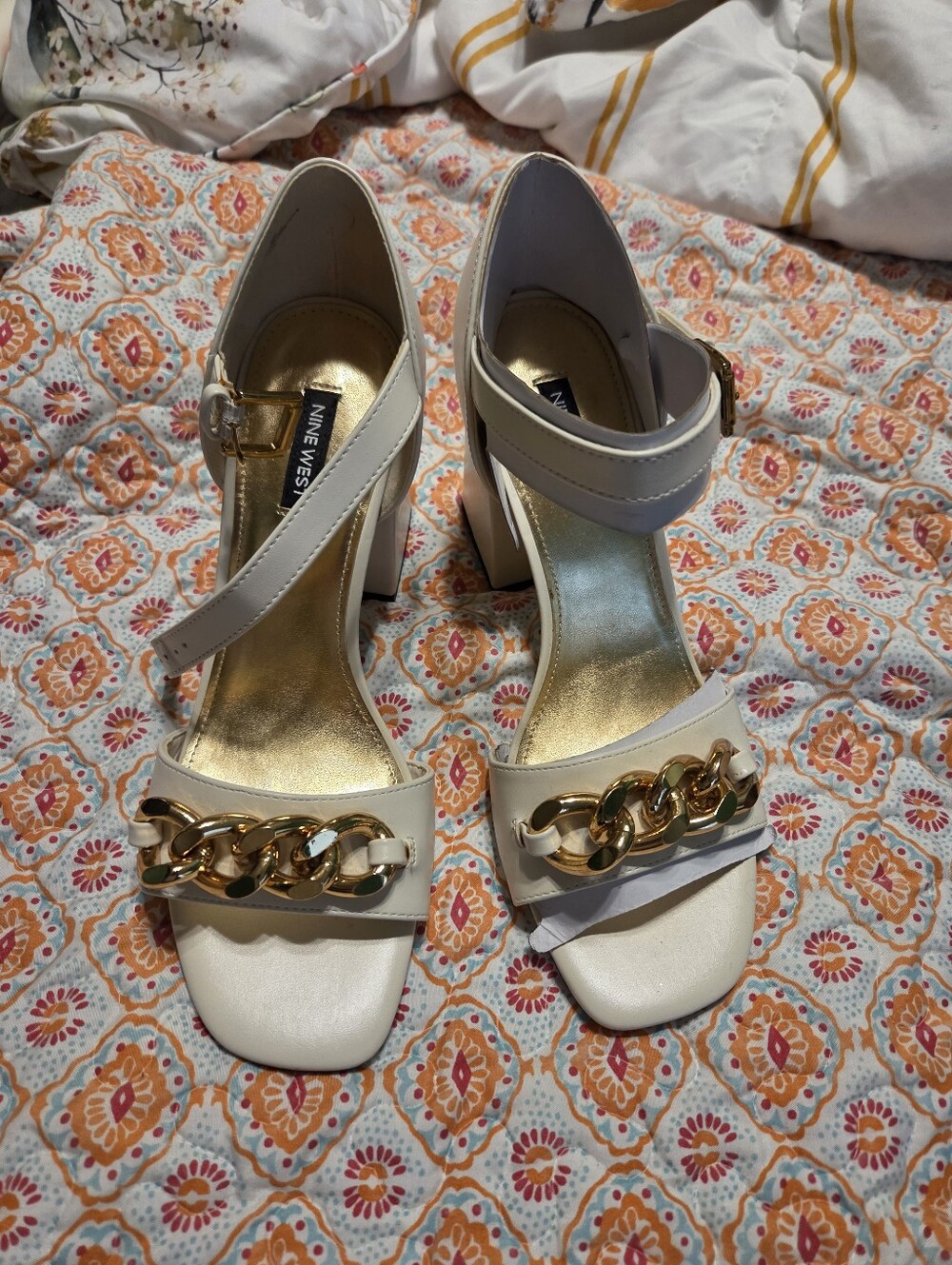 Nine West White Slide Sandals with Gold Chain Accent